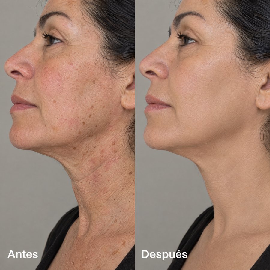Antes y después del cuello de perfil de una mujer de unos 62 años: a la izquierda, la piel arrugada con rojeces y manchas; a la derecha, uniforme y difuminada con la BB cream
