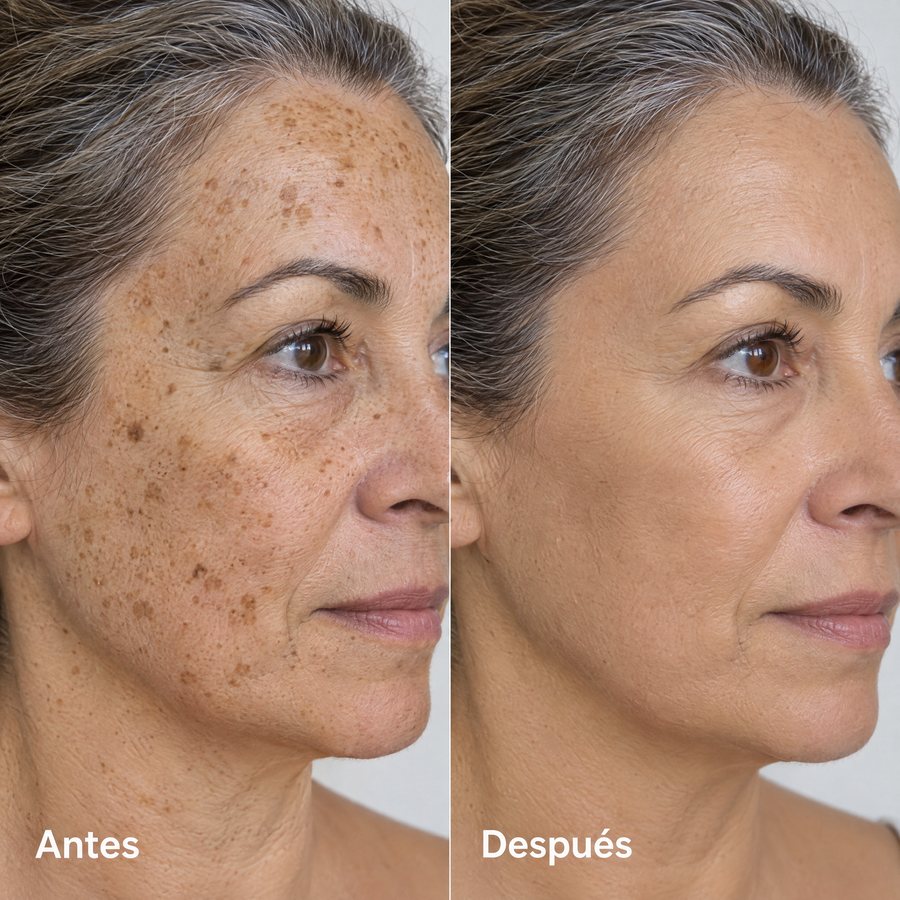 Antes y después de la cara de una mujer de unos 64 años: a la izquierda, muchas manchas oscuras en la mejilla y la sien; a la derecha, cubiertas con la BB cream