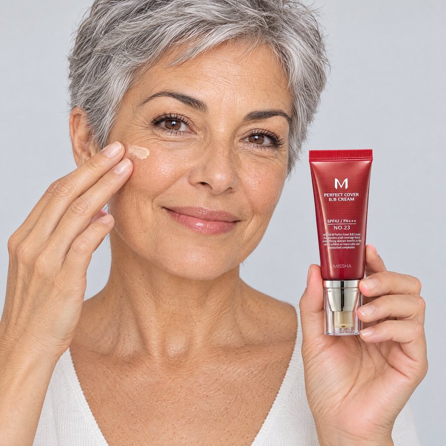 Mujer de unos 62 años con el pelo corto y canoso extendiéndose la BB cream en el pómulo, con el tubo en la otra mano
