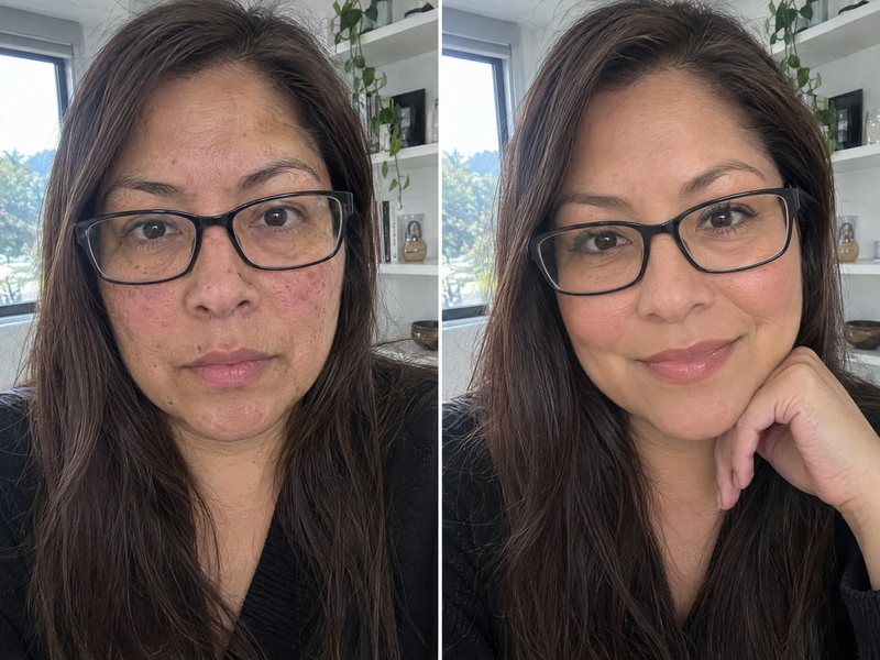 Dos fotos de una clienta de unos 48 años con gafas: sin maquillaje, con rojeces, y después con la BB cream
