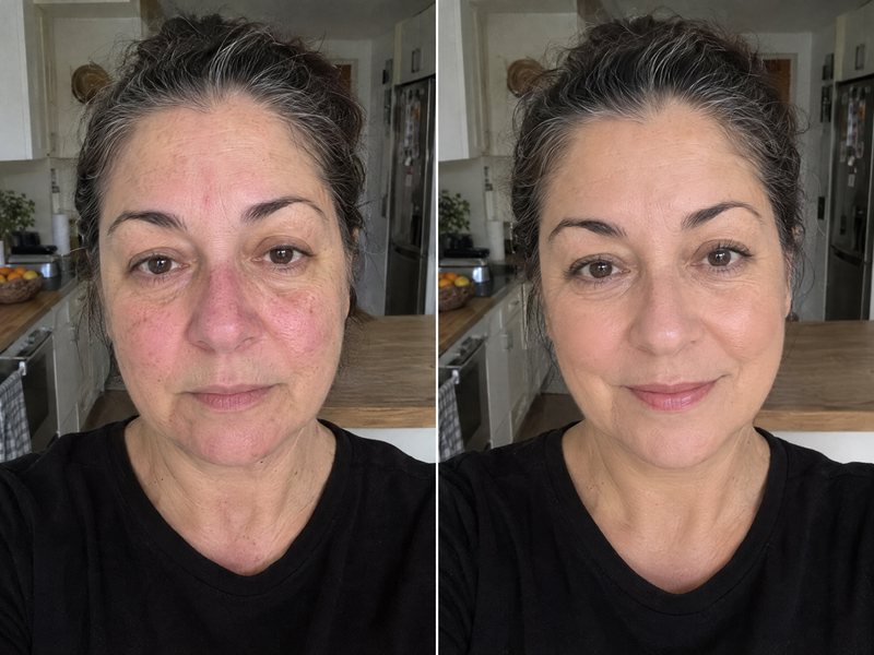 Dos fotos de una clienta de unos 62 años: sin maquillaje, con rojeces en las mejillas, y después con la BB cream