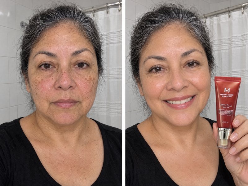 Dos fotos de una clienta de unos 66 años: sin maquillaje, con manchas y rojeces, y después sonriendo con la BB cream en la mano