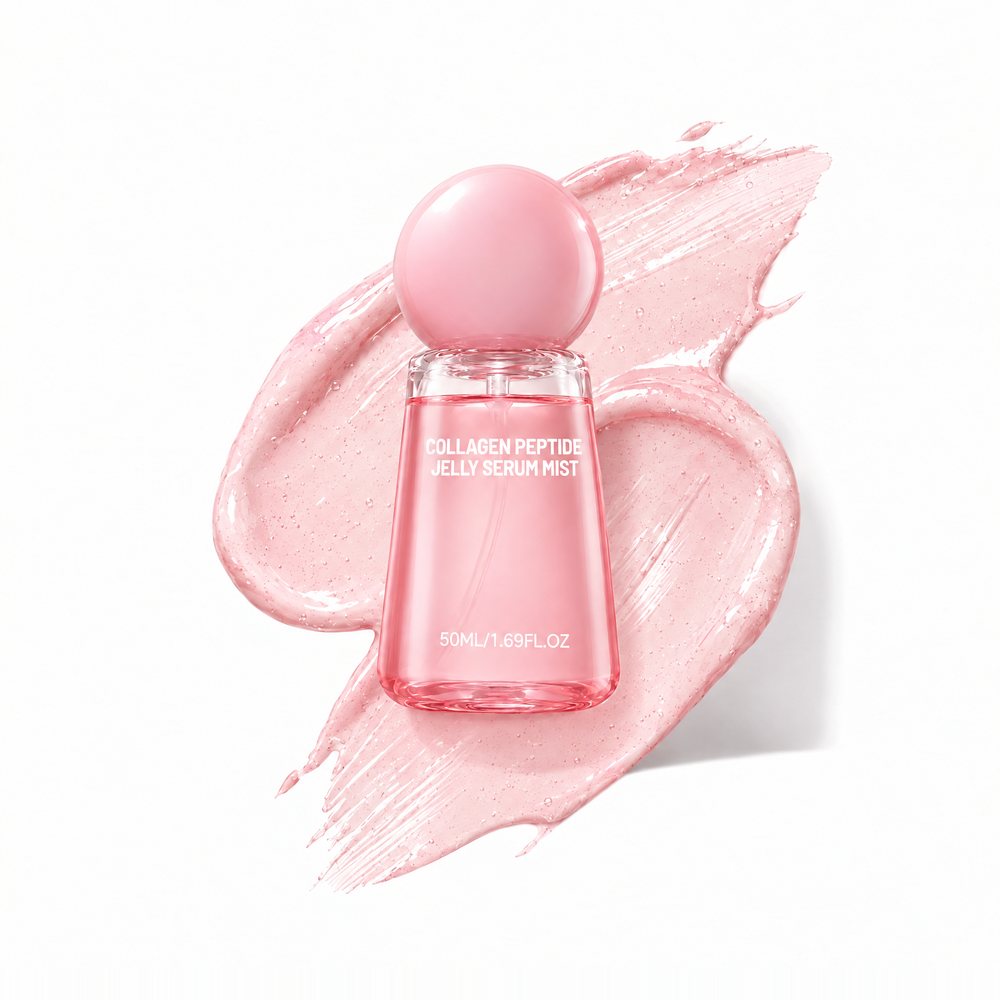 La bruma de colágeno en gel con un trazo de su gel rosa detrás
