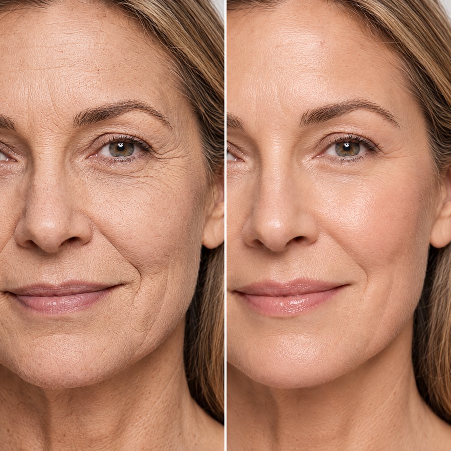 Antes y después de la cara de una mujer de unos 58 años: a la izquierda, el maquillaje seco y agrietado en las líneas; a la derecha, el mismo maquillaje fresco e hidratado