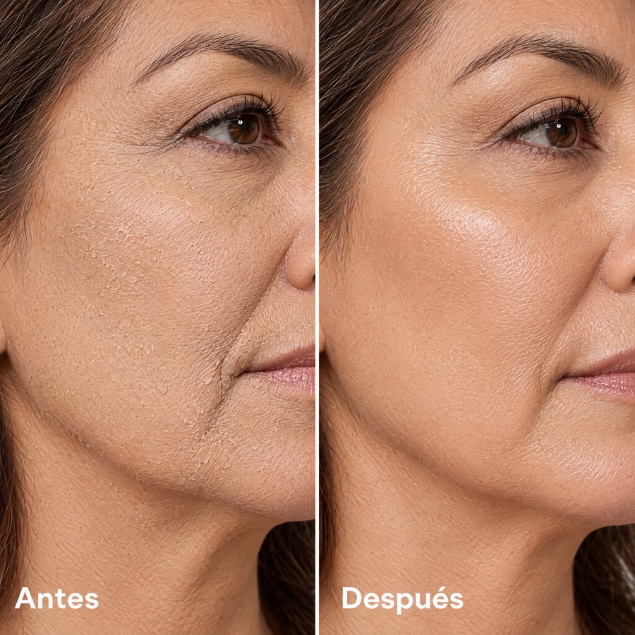 Antes y después de la mejilla y la mandíbula de perfil: a la izquierda, la base seca y agrietada; a la derecha, fresca e hidratada tras la bruma