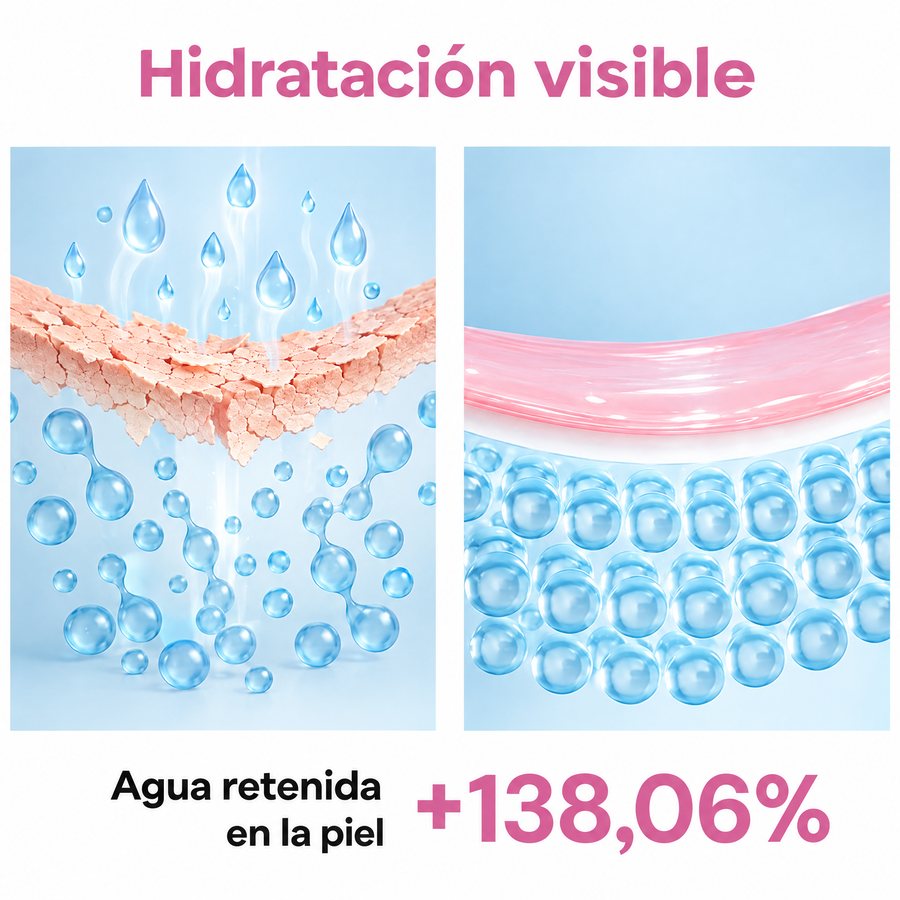 Infografía «Hidratación visible»: la piel seca que pierde el agua frente a la piel con una capa de gel rosa que la retiene; agua retenida en la piel +138,06 %