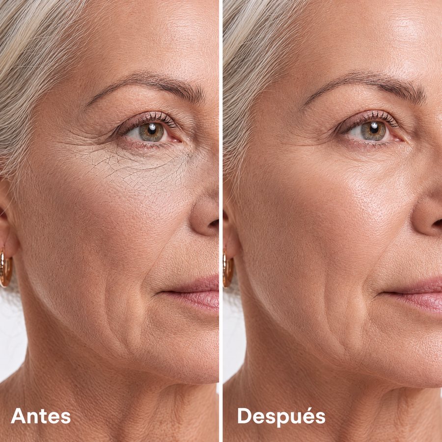 Antes y después del ojo de una mujer de unos 62 años: a la izquierda, el corrector seco y agrietado en las patas de gallo; a la derecha, fresco e hidratado