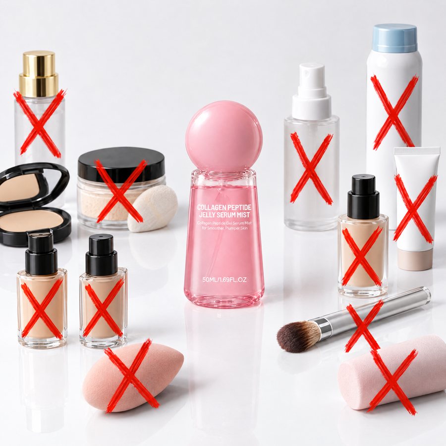 La bruma rodeada de fijadores, polvos, prebases y bases de maquillaje tachados con una X roja