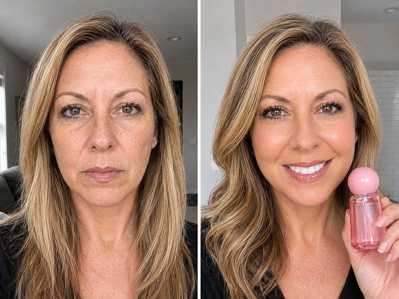 Dos selfis de una clienta de unos 54 años: el maquillaje seco por la tarde y, después, fresco con la bruma en la mano