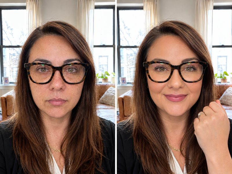 Dos selfis de una clienta de unos 48 años con gafas: la base seca y, después, fresca