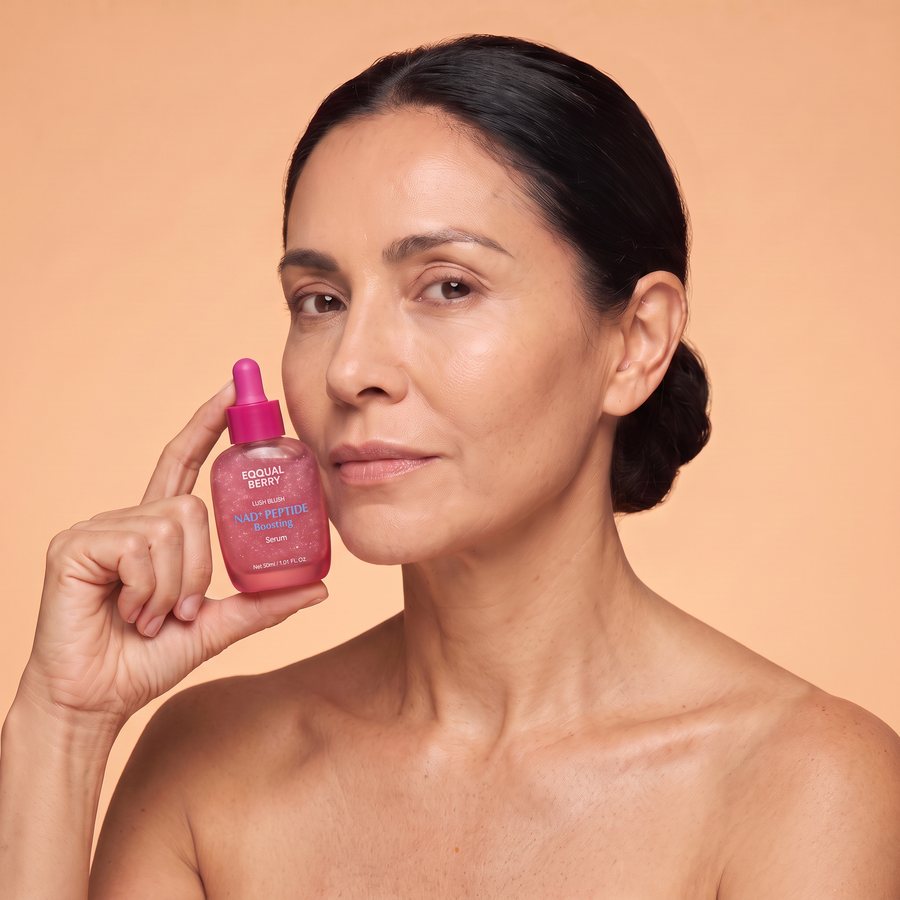 Mujer de unos 52 años sujetando el frasco de EQQUALBERRY junto a la mandíbula