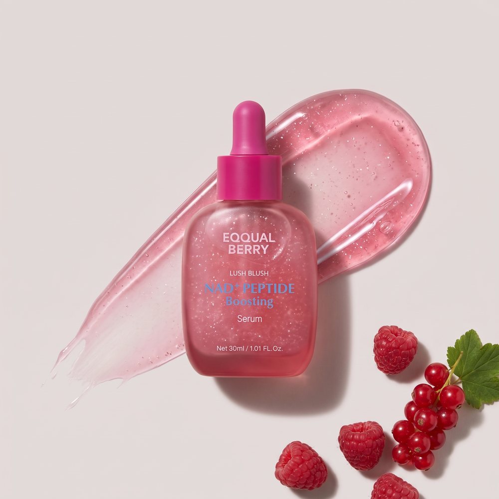 Sérum Antiarrugas EQQUALBERRY junto a una muestra de su textura rosa