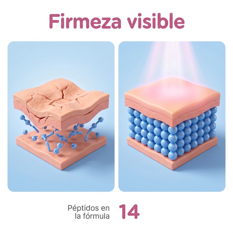 Infografía «Firmeza visible»: la piel hundida frente a la piel llena y firme; 14 péptidos en la fórmula