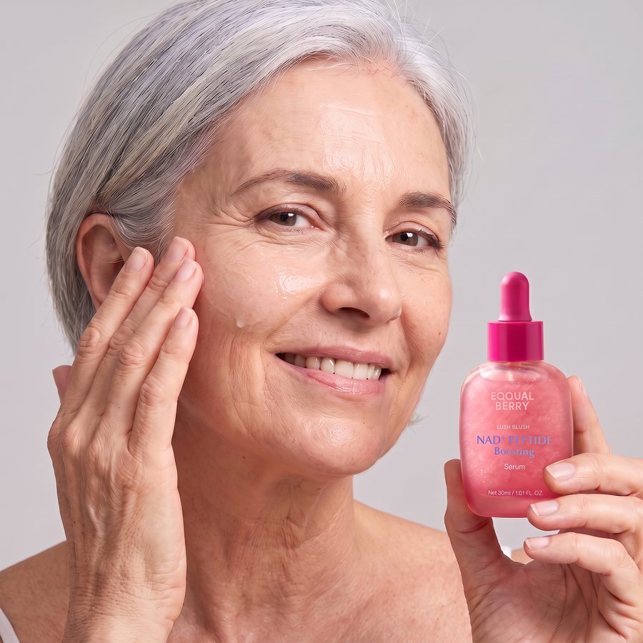 Mujer de unos 60 años aplicándose el sérum EQQUALBERRY en la mejilla con el frasco en la mano