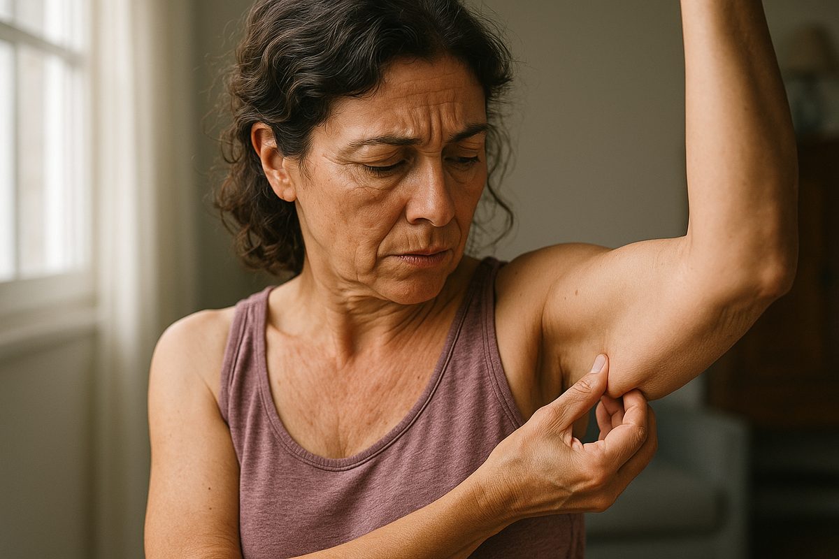 Mujer de unos 50 años mirándose la piel floja del brazo tras adelgazar