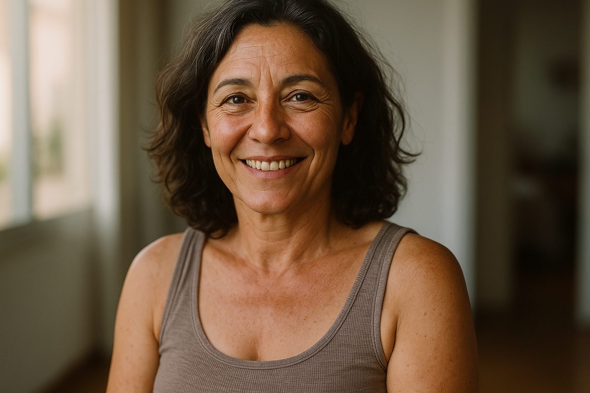 Mujer de unos 50 años sonriente y segura con top de tirantes tras recuperar la firmeza