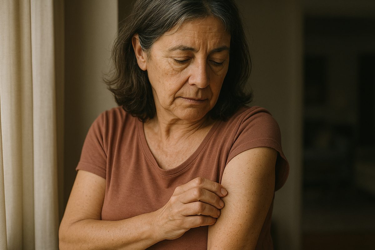 Mujer de unos 58 años mirándose la piel del brazo junto a la ventana