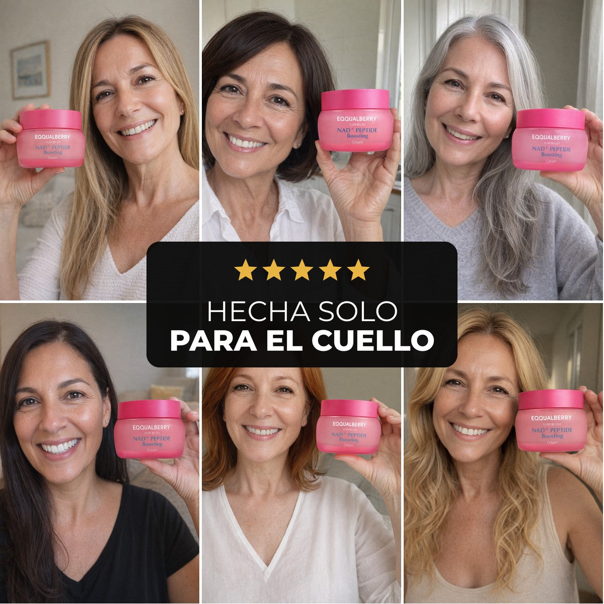 Seis mujeres de más de 45 años sonriendo con la crema EQQUALBERRY de cuello y papada