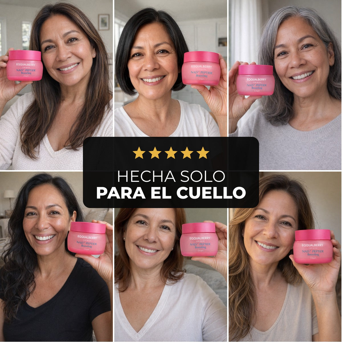 Seis mujeres de más de 45 años sonriendo con la crema EQQUALBERRY de cuello y papada