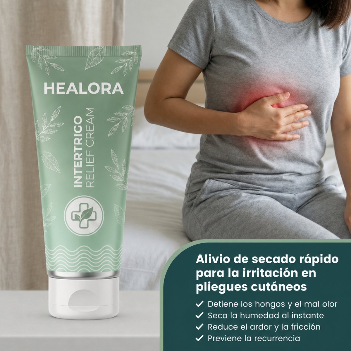 Mujer con sarpullido en el pliegue de la piel junto a la Intertrigo Relief Cream