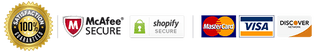 Garantía de satisfacción 100%, McAfee SECURE, Shopify Secure, Mastercard, Visa, Discover