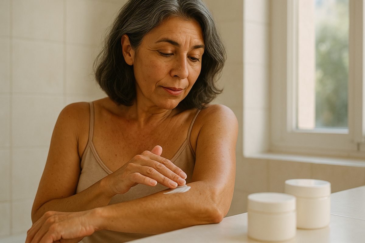 Mujer probando una crema reafirmante en el brazo, con varias cremas sobre la encimera