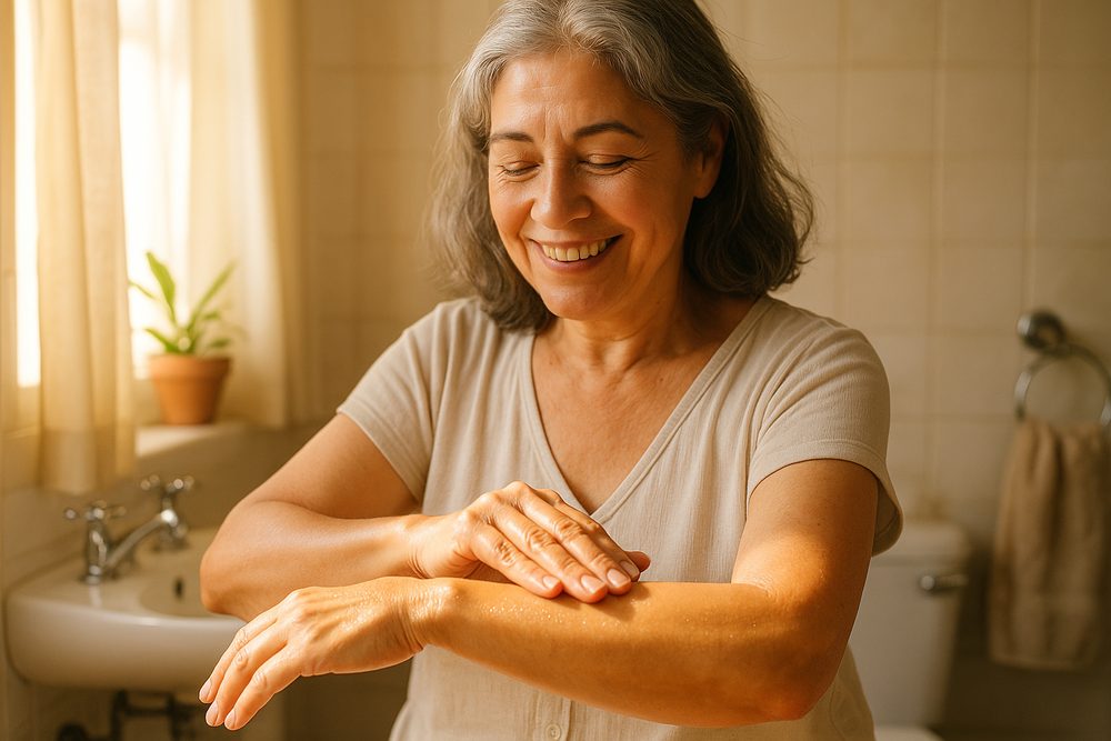Mujer de 60 años aplicándose aceite botánico en el brazo, contenta