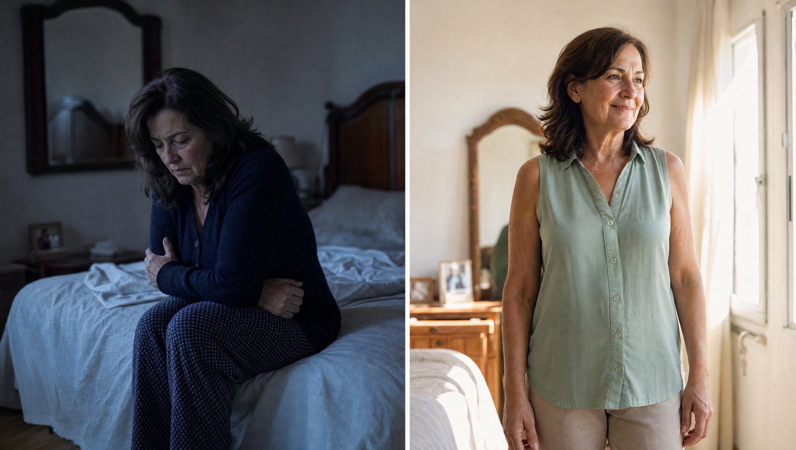 Dos caminos: a un lado, una mujer tapada con una rebeca en una habitación oscura; al otro, la misma mujer sin mangas en una habitación luminosa