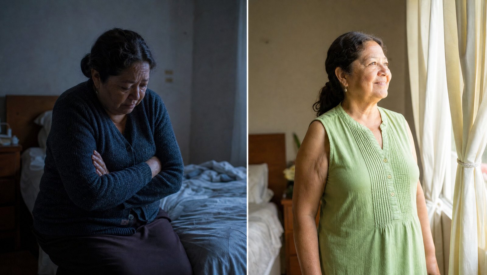 Dos caminos: a un lado, una mujer tapada con un suéter en una habitación oscura; al otro, la misma mujer sin mangas en una habitación luminosa