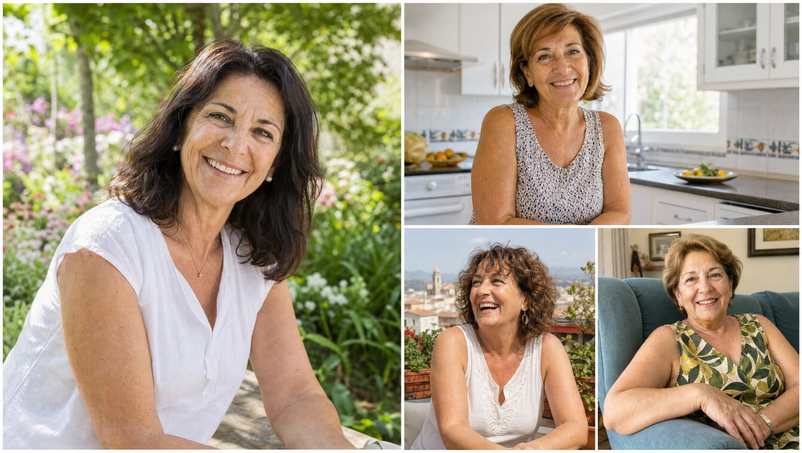 Collage de cuatro mujeres sonrientes de más de 55 años con ropa de verano sin mangas