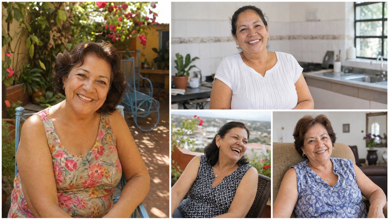 Collage de cuatro mujeres sonrientes de más de 55 años con ropa de verano sin mangas
