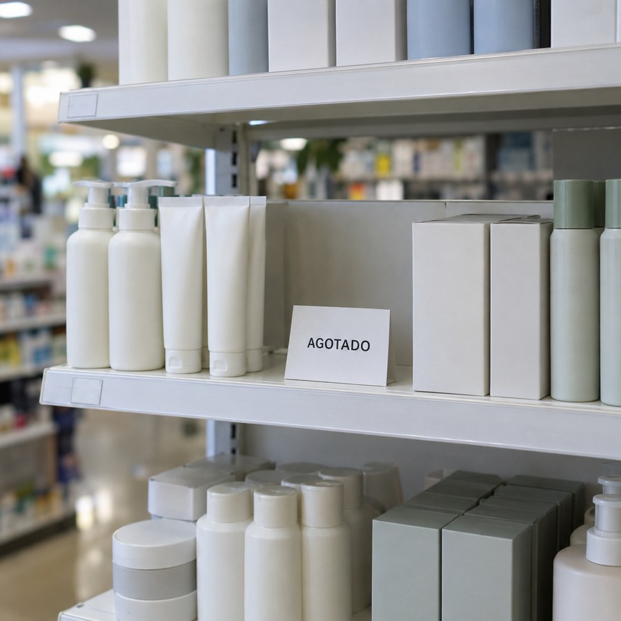 Estantería de farmacia con un hueco vacío en mitad de la fila y un cartelito que pone AGOTADO