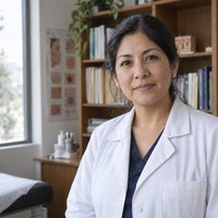 Retrato de la dermatóloga Elena Navarro en su consultorio