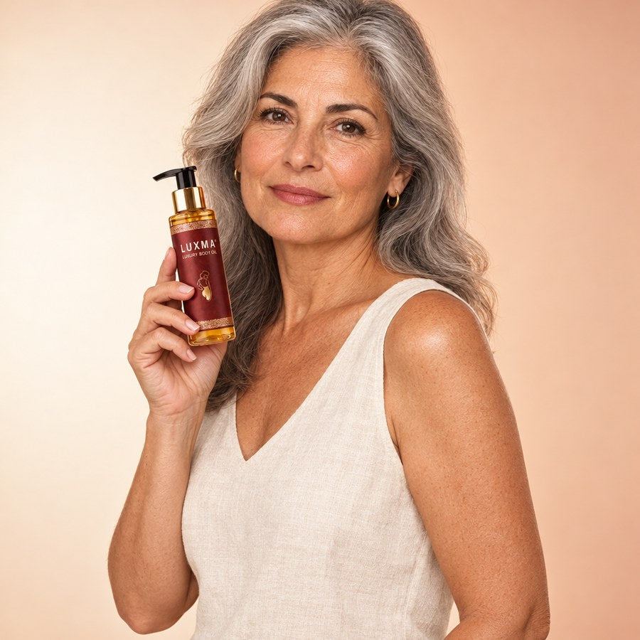 Mujer española de unos 58 años, con el pelo gris y un top sin mangas, sosteniendo el frasco de LUXMA junto al hombro
