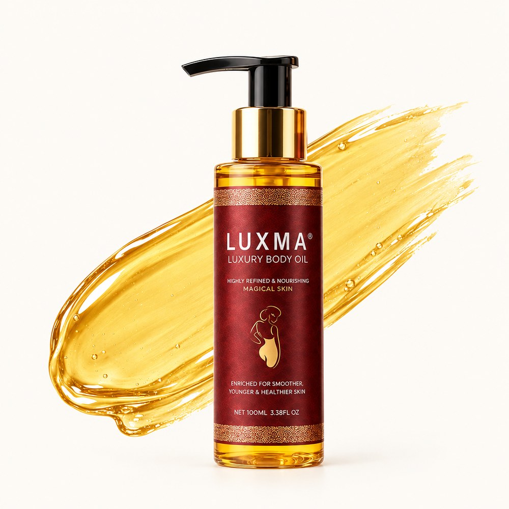 El frasco de LUXMA sobre una pincelada de aceite dorado