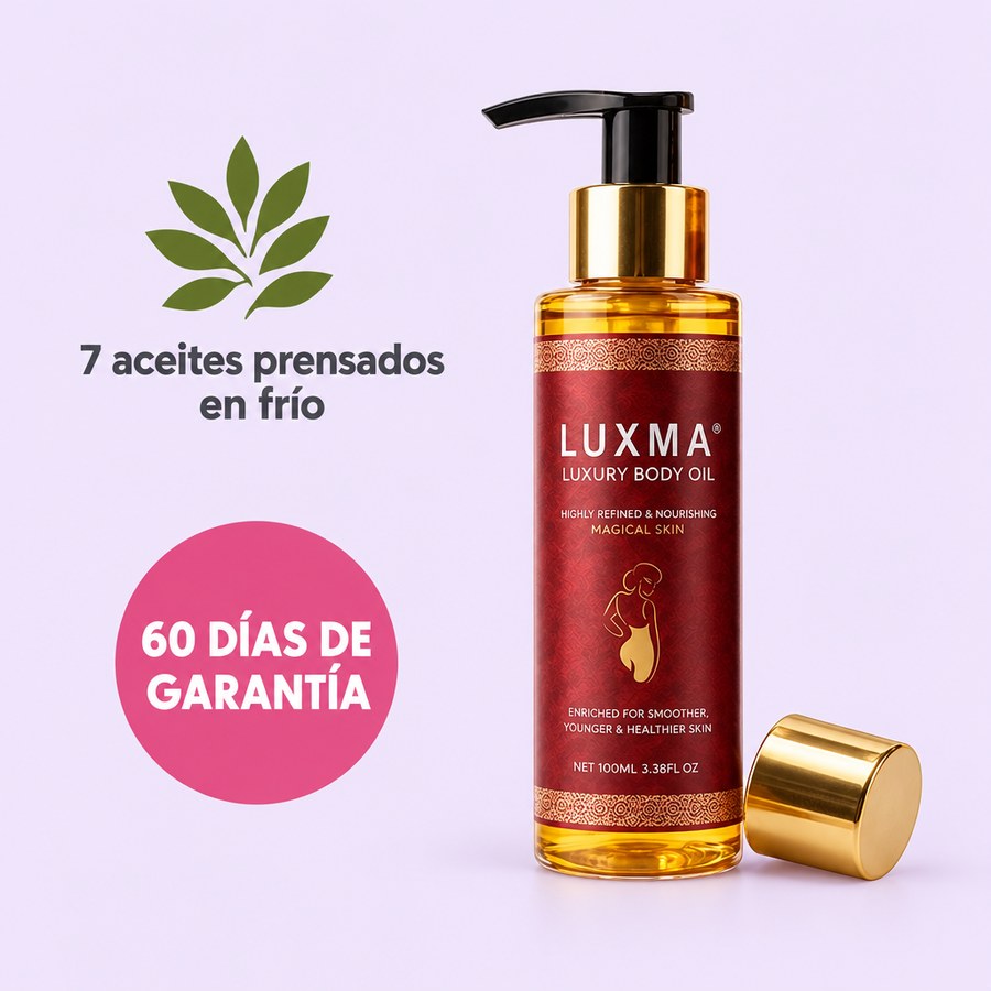 Tarjeta de la oferta: el frasco de LUXMA con el sello de 7 aceites prensados en frío y el de 60 días de garantía