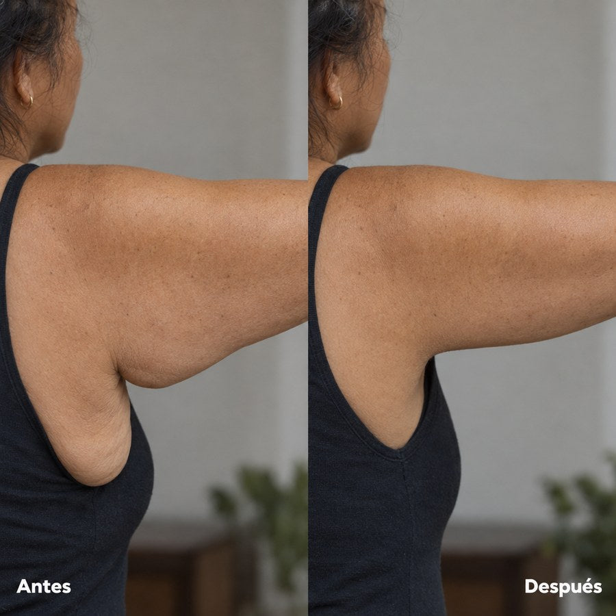 Brazo levantado de perfil con las etiquetas «Antes» y «Después»: la piel de atrás deja de colgar