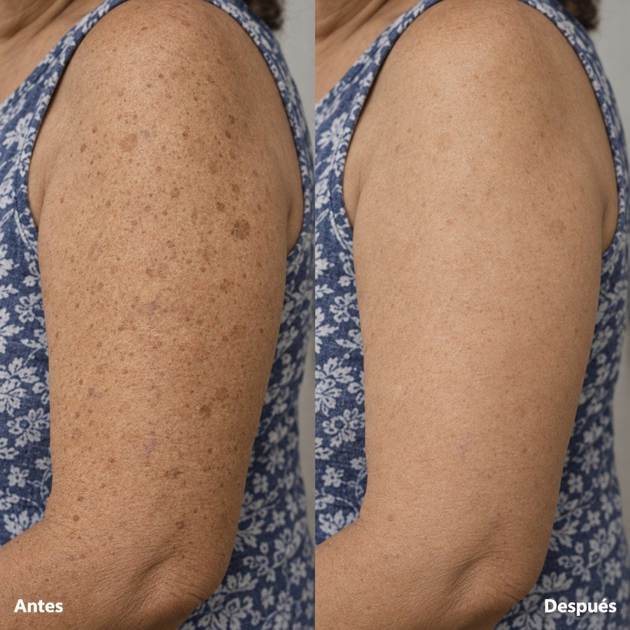 Brazo con manchas de la edad etiquetado «Antes» junto al mismo brazo con el tono mucho más uniforme, «Después»