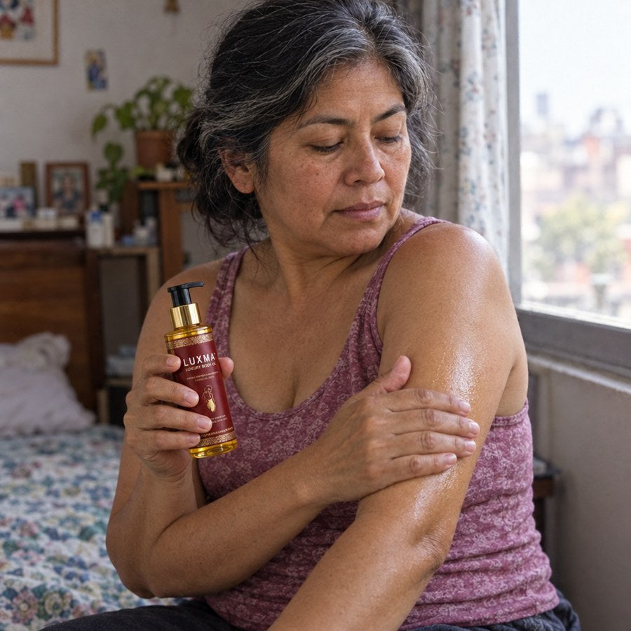 Mujer de unos 58 años sentada junto a la ventana de su recámara, con el frasco de LUXMA en una mano, dándose el aceite en la parte de atrás del brazo