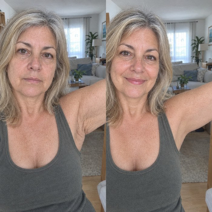 Loli, unos 55 años, se hace una foto con el brazo levantado antes y después
