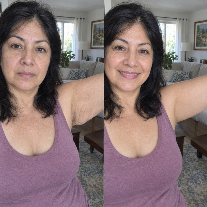 Yolanda, unos 55 años, se toma una foto con el brazo levantado antes y después
