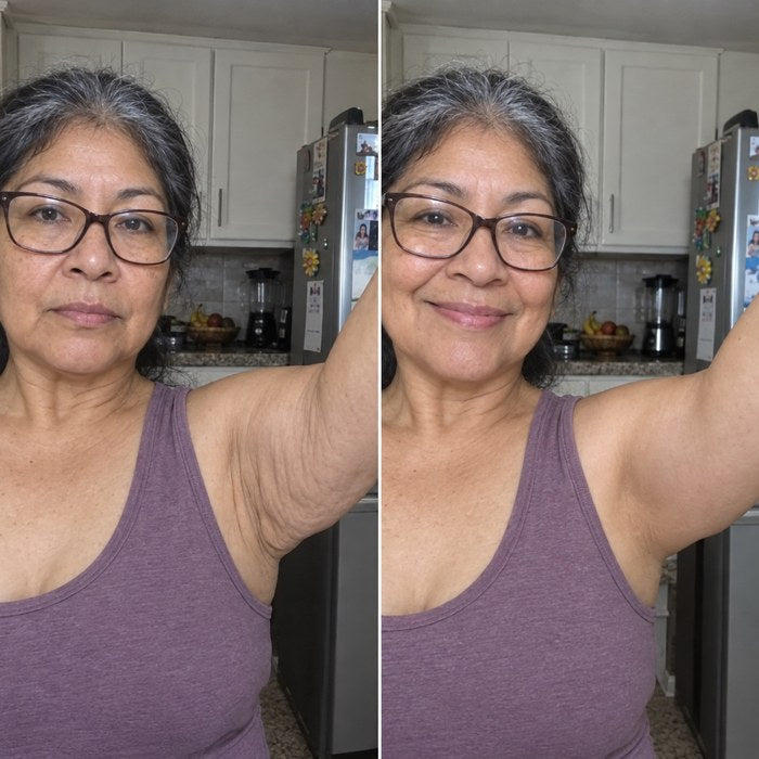 Marisol, unos 62 años y con lentes, en su cocina con el brazo levantado antes y después