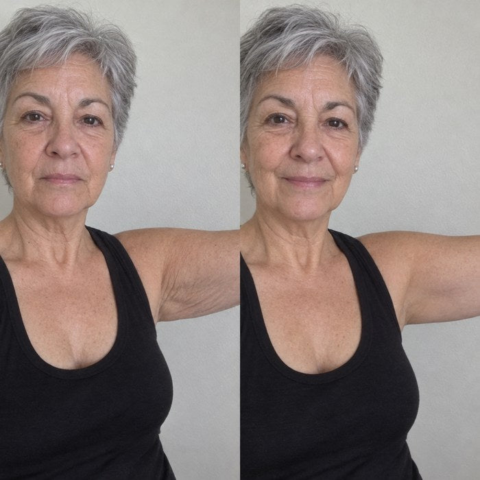 Maribel, unos 67 años y de pelo corto cano, con el brazo levantado antes y después