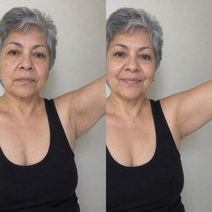 Rosario, unos 67 años y de pelo corto cano, con el brazo levantado antes y después