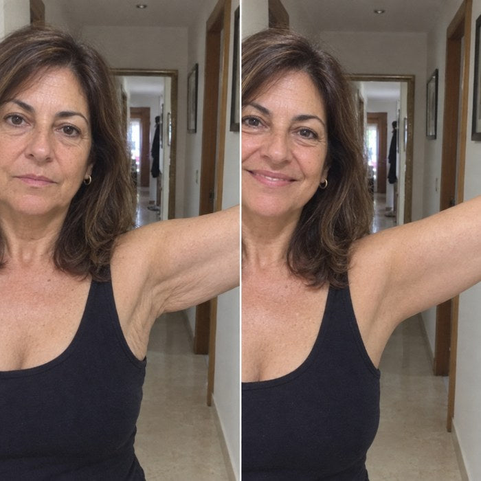Pili, unos 58 años, en el pasillo de su casa con el brazo levantado antes y después