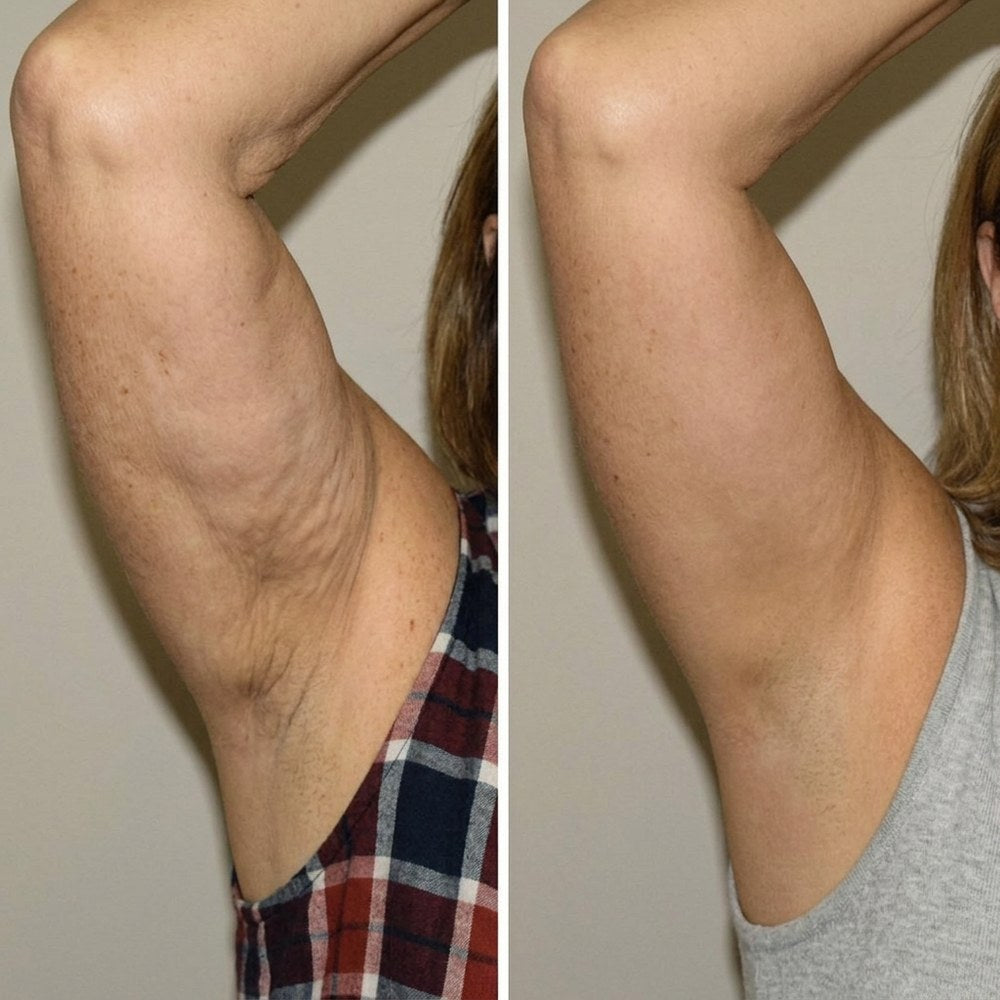 El brazo antes y después, con blusa sin mangas