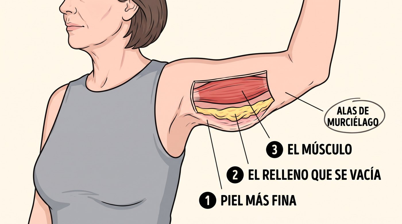 Esquema del brazo: la piel más fina, el relleno que se vacía y el músculo, debajo, con las alas de murciélago colgando