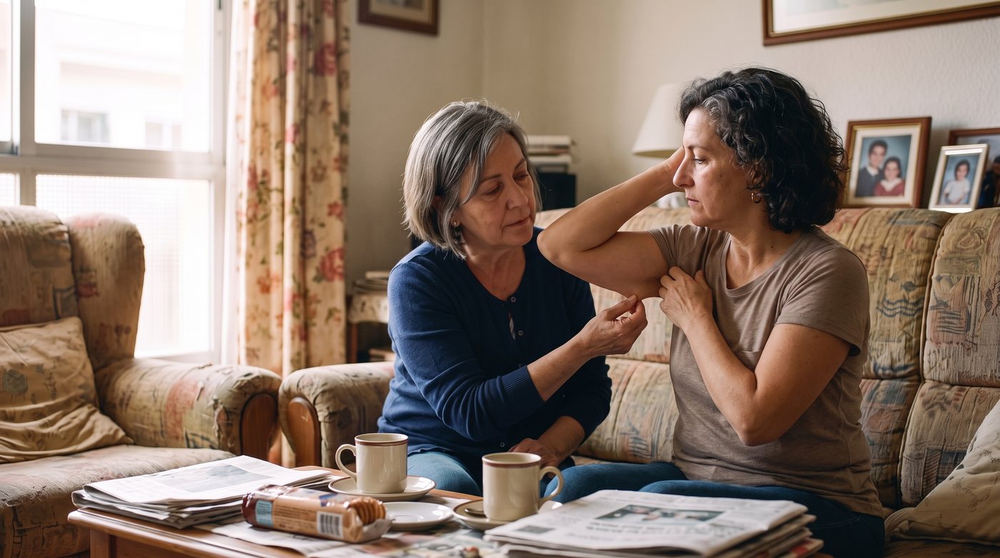 Dos mujeres de cincuenta y tantos en un sofá; una levanta el brazo y la otra le toca la piel de debajo