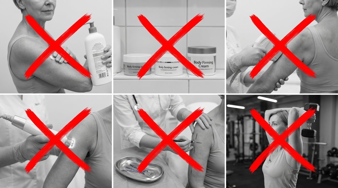 Los tratamientos que ya había probado para los brazos, tachados con una cruz roja
