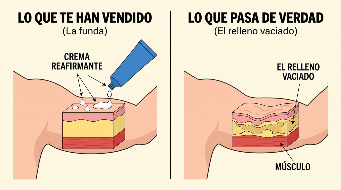 Esquema: lo que te han vendido (una crema que se queda en la superficie) frente a lo que pasa de verdad debajo de la piel